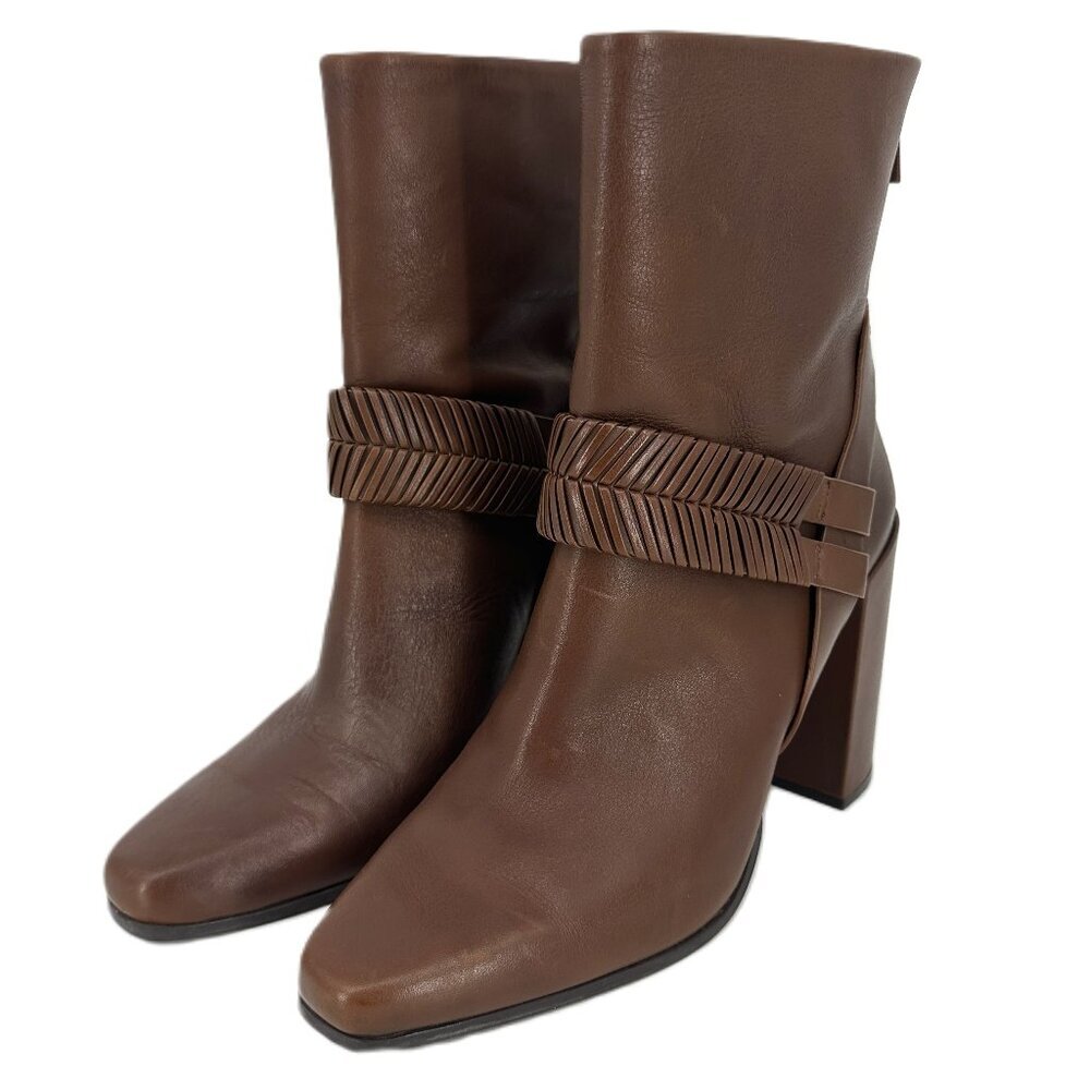 AD &Daughters Declann Braided Strap Block Heel Ankle Boots Tan Size 9.5